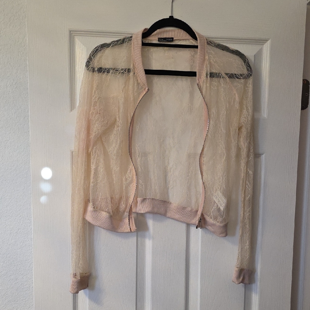 Zara Sheer Lace Cardigan in Cream and Pink